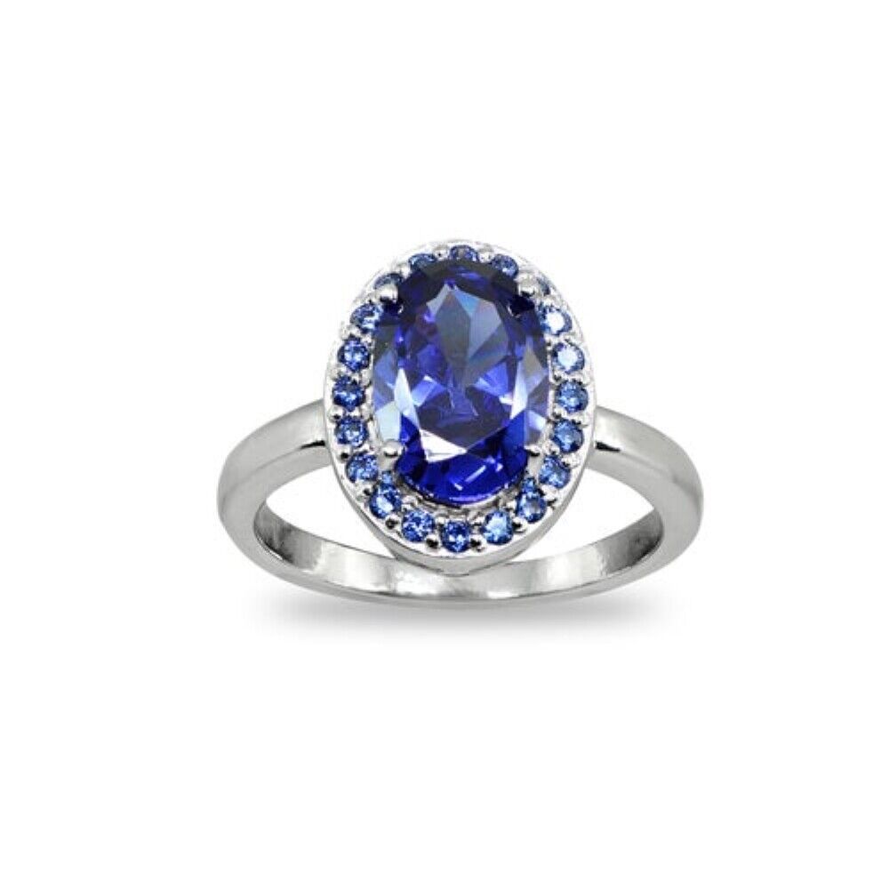 Oval Halo Simulated Tanzanite Sterling Silver Statement Cocktail Ring, Size 7
