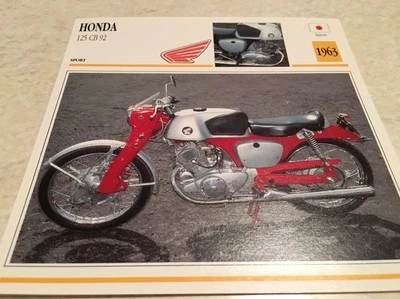 Tarjeta Moto Honda 125 CB92 1963 CB 92 Colección Atlas Motocicleta Japón - Imagen 1 de 2