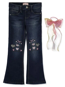 Squeeze Girls' 2-Piece Flared Stretch Jeans With Hair Accessory Set - dark blue, - Picture 1 of 4