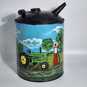 Hand Painted Vintage Metal Oil Can Farm Scene John Deere Tractor Route 66 Art - Picture 1 of 12