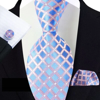 Classic Checks Plaids Blue Jacquard Silk Men's Tie Necktie Hanky Cufflink Set - Image 1 of 4