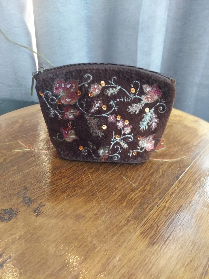 Bath and Body Works Makeup Cosmetic Bag Brown Floral Embroidered Sequin 8" x 6" - Image 1 of 4