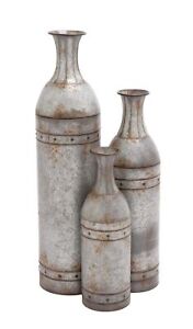 Metal Tall Galvanized Floor Vase with Studs, Set of 3 43", 33", 25"H, Gray