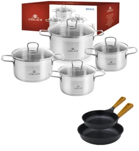 JUEGO DE OLLAS GERLACH BRAVA + JUEGO DE SARTENES NATURALES JERSEY 10 PIEZAS OLLAS TAPAS SARTENES - Imagen 1 de 12