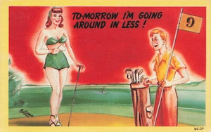 ESCANTA MUJER GOLFISTA VESTIDA DANDO VUELTAS EN MENOS CÓMIC POSTAL VINTAGE 100824 T - Imagen 1 de 2