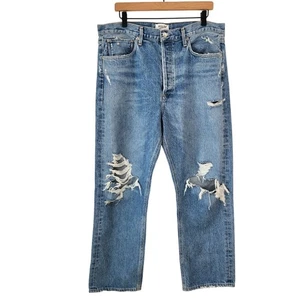 Pantalones de mezclilla Agolde años 90 tiro medio pierna recta lavado ligero desgastado botón mosca 32 - Imagen 1 de 11