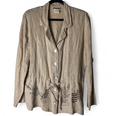 Nina Piccalino – Women's Linen Vintage Leaf Print  Shirt Jacket Beige – Sz. 10 - Image 1 of 4