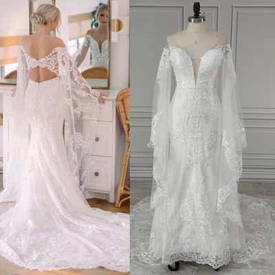 Elegant Mermaid Wedding Dresses V-Neck Long Sleeves Lace Appliques Birdal Gowns - Image 1 of 4