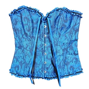 Blue Corset Sz M Top Ruffle Trim Lace Up Boned Bustier Goth Grunge Y2K Medieval - Picture 1 of 3
