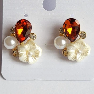 Aretes con flores de perlas naranja quemado lágrima estrás mujeres con bolsa de regalo Foto 1 de 4
