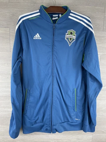 Seattle Sounders Adidas FC Soccer Full Zip Jacket Size XL Green & Blue 3 Stripe Cover