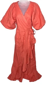 Venus Womens Ruffle Wrap Maxi Dress High Low Puff Sleeve Coral Boho Beach Size M - Picture 1 of 15