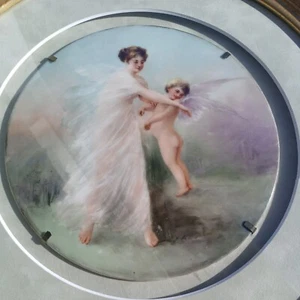 Antique Victorian Hand Painted 9" Porcelain Plaque ANGEL CHERUB Framed Cupid - Picture 1 of 17