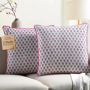 CPC 100% Cotton Throw Pillow Covers 18x18 Inch, Set of 2 Pink Block Print Patter - Picture 1 of 9