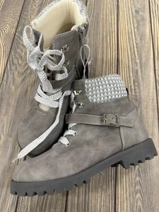 Winterstiefel Mädchen grau zum Schnüren Größe 2 mit Strickbündchen & Schnallendetail - Bild 1 von 7