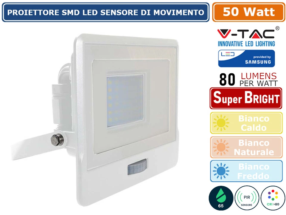 V-TAC VT-158S faro led 50W chip samsung con sensore di movimento PIR e