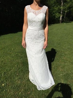 Lace sheath high neck wedding gown with satin sash (Pearl White) NEVER USED - Image 1 of 4
