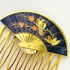 Japanese Cloisonne Hair Comb Fan Shape Black Gold Bird Flowers Vintage Geisha - Picture 1 of 5
