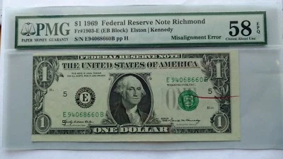 1969 $1 BILL FRN ERROR NOTE WITH RED REJECT MARK PMG 58 EPQ. - Image 1 of 4
