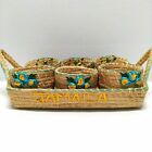 Set of Floral Wicker Woven Rattan Boho Bread Basket and 6 Cup Holders Jamaica