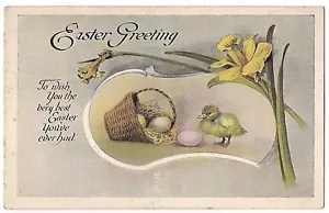 PASCUA SALUDO Pollito Cesta de Huevos Narciso Primavera Postal De Colección - Imagen 1 de 2