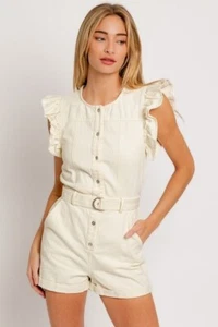 Ruffle Sleeve Twill Denim Button Down Romper with Belt - Le Lis - Picture 1 of 7