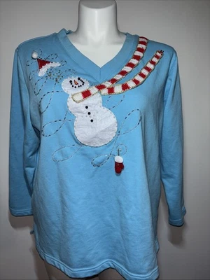 Quacker Factory Snowman Holiday Top Blue Long Sleeve Women’s M Embellished - Image 1 of 4