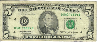 1995 5$ FRN - Small portrait w/ security thread - MEW/RER D58176694B - #15357 - Image 1 of 2