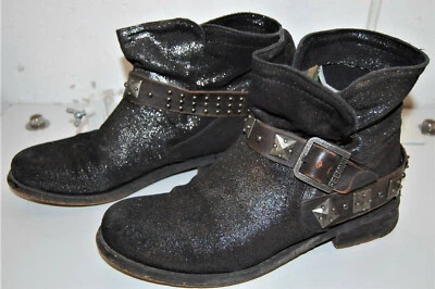 Bottine BIKER Rock'n'Roll FELMINI Cuir NOIR Look ENDUIT Pailleté Argent BOOTS 39 - Photo 1/4