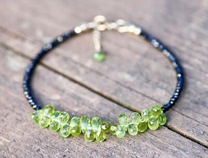 Diamond Look Natural Black Spinel Peridot Bracelet 14k Solid Gold , August Birth - Picture 1 of 8