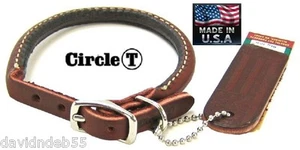 USA MADE Circle T ROLLED LATIGO BROWN LEATHER&SILVER DOG COLLAR Heavy Duty Round - Picture 1 of 10
