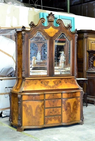 Italian Antique Secretary Desk With Burl Finish And Etched Mirror Cover