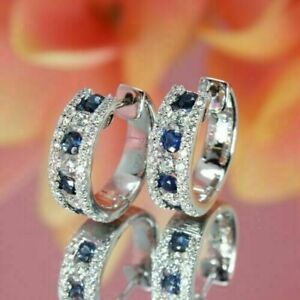 Simulated Blue Sapphire 2Ct Round Cut Hoop Earrings  14K White Gold Finish