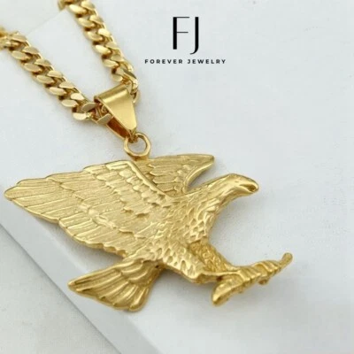 Men's 24" Stainless Steel,EAGLE Pendant,Cuban Curb Necklace Gold plated BOX - Image 1 of 3