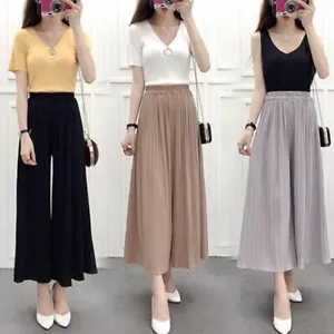 Ladies Wide Leg Trousers Harem Pleated Crinkle Flared Pants Palazzo Plain Baggy - Picture 1 of 23