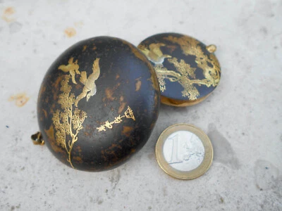 Ancien poudrier boîte à pilules décor or Asie Japon Chine signé miroir biseauté - Photo 1/4