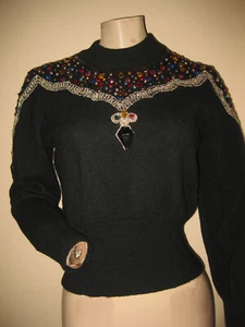 GORGEOUS Nordstrom Vintage 80s 90s Black Multicolor Jeweled Beaded Sweater XS/S - Picture 1 of 5