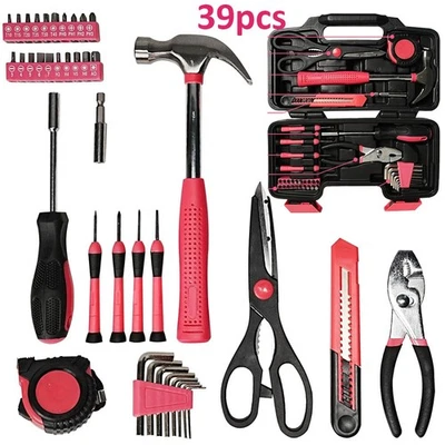 ANXTECH 39PC Pink Hand Tool Set Ladies Women Household Tool Kit Tool Set Toolbox