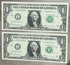 Rare $1 Series 2017, Consecutive Star Notes In Near Mint Condition - Picture 1 of 2