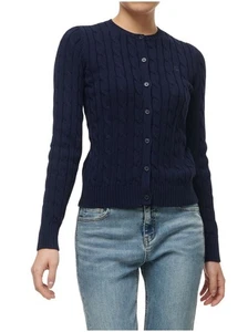 Neu mit Etikett Ralph Lauren Cardigan Zopfmuster Baumwolle Rundhalsausschnitt marineblau XXS - Bild 1 von 4