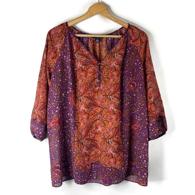 CHAPS Denim Womens Tunic Top Size 1X Purple Paisley V-Neck 3/4 Sleeve Sheer - Image 1 of 4
