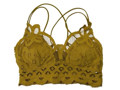Bralette Anémona Crochet Encaje S/M Acolchado Dorado Amarillo Entrecruzado Crop Top Boho Foto 1 de 4