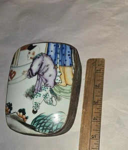 Vtg Chinese Asian Porcelain Shard Lid Trinket Box 3.5"x 5.0" Silver Over Brass - Picture 1 of 8
