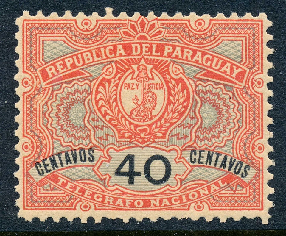 1892 Paraguay Telegraph Stamp MNH Hiscocks #4, 40 centavos - Image 1 of 3