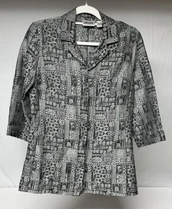 Chico's Design Silk Linen Jacket Blouse Size 0 Black, Silver 3/4 Sleeves Buttons - Picture 1 of 8
