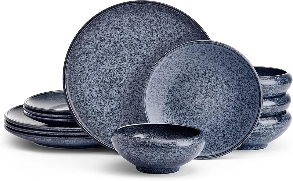 Mikasa 12-piece dinnerware set in vibrant blue durable stoneware design -