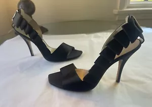 Salvatore Ferragamo Black Satin Bow Dressy High Heels Logo Plack Back~8 1/2B~EUC - Picture 1 of 11