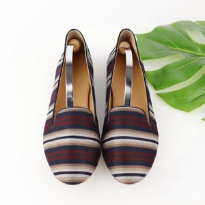 J Crew Womens Smoking Slipper Size 9 Navy Burgundy Tan Striped Classic Flat Shoe - Picture 1 of 15