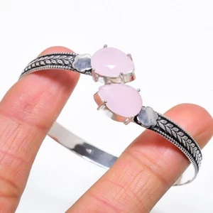 Rose Quartz Gemstone Handmade 925 Sterling Silver Cuff Bracelet Adjustable - Picture 1 of 1