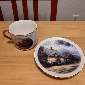 Moonlight Cottage Thomas Kinkade Tea Cup Mug with Saucer Gold Trim VGC FREE SH - Picture 1 of 5
